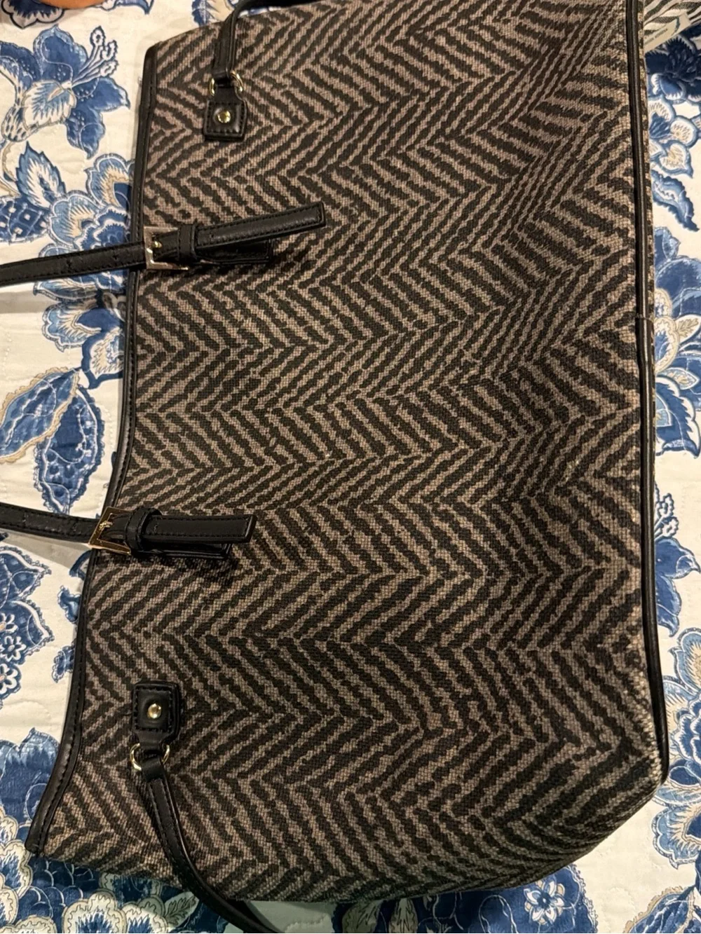 Spartina 449 Black and Cream Chevron Tote Satchel with Gold Hardware